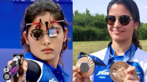 manu bhaker pics with medal and shooting pistol